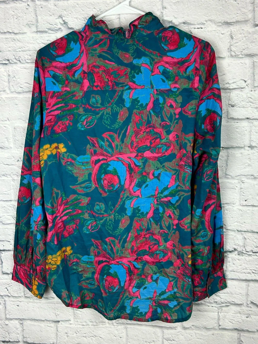 Sundance Floral Button Front Cotton Blouse Teal Pink Long Sleeve Medium